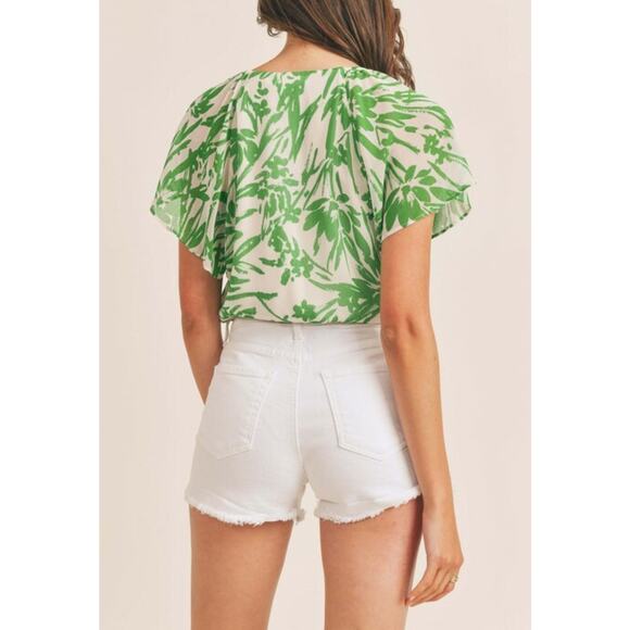 Habit Paint It Green Body Suit Size Small Flutter Sleeve Mock Wrap Top Loose - Picture 2 of 8